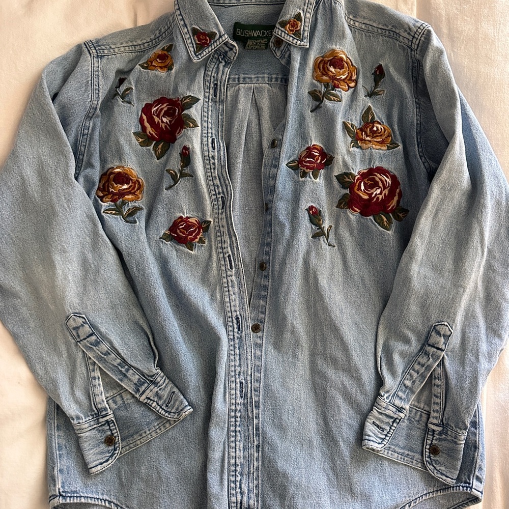 Denim Button Up With Embroidered Floral Detail